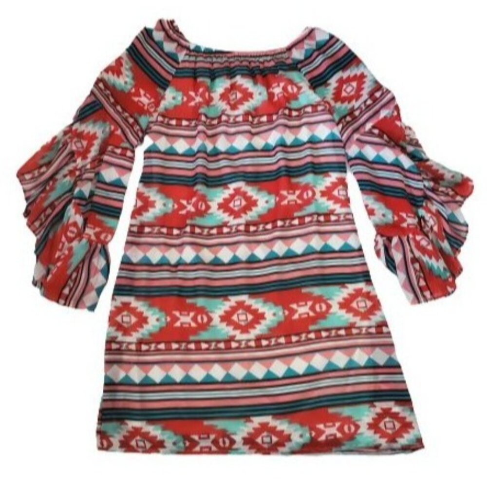 Rachel Kate Women's Aztec Print Ruffled Sleeve‎ Dress Red/Blue/Multi Size Medium - Picture 3 of 9